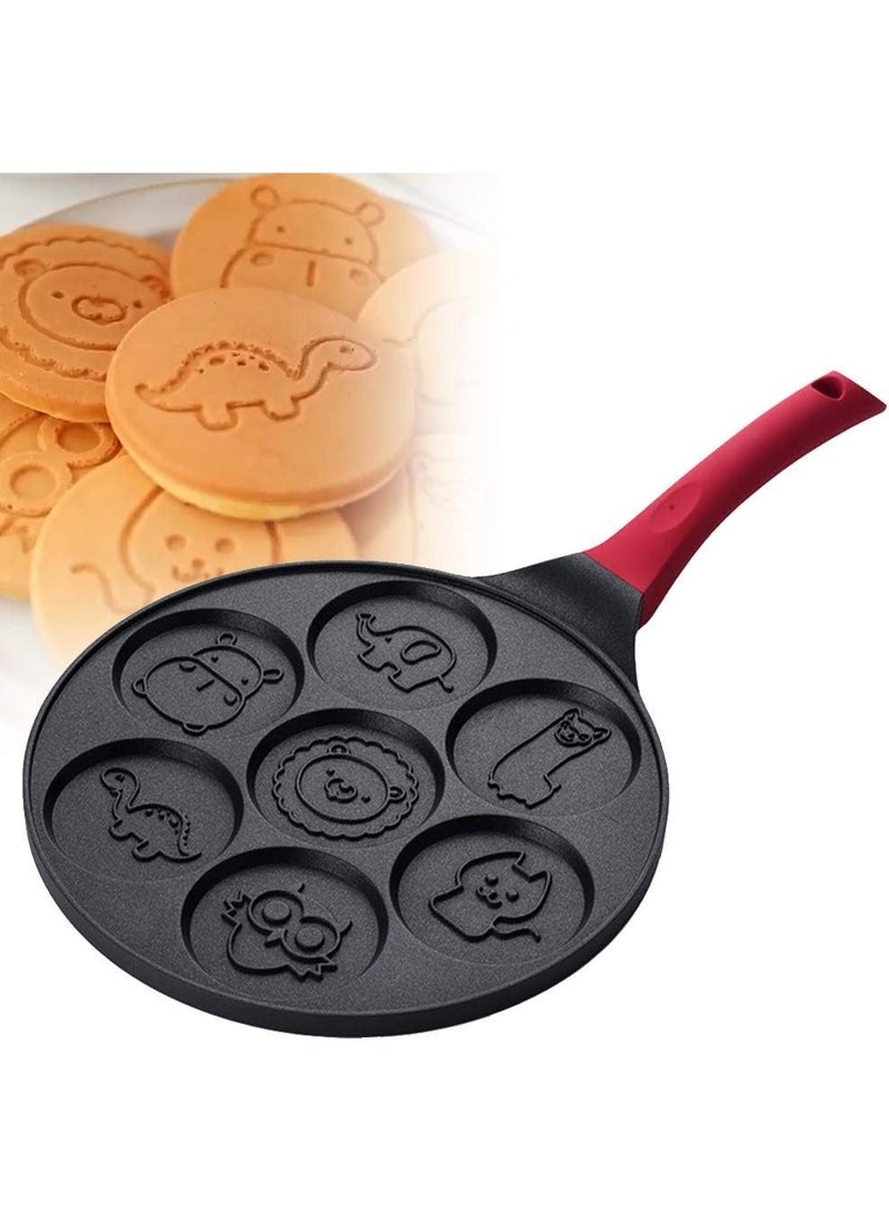 مقلاة بانكيك غير لاصقة، 7 أشكال حيوانات على صينية البانكيك، مقبض ناعم لوجبة إفطار ممتعة للأطفال، مقلاة كريب 10 بوصة للطباخات الغازية (أسود) - Image 1