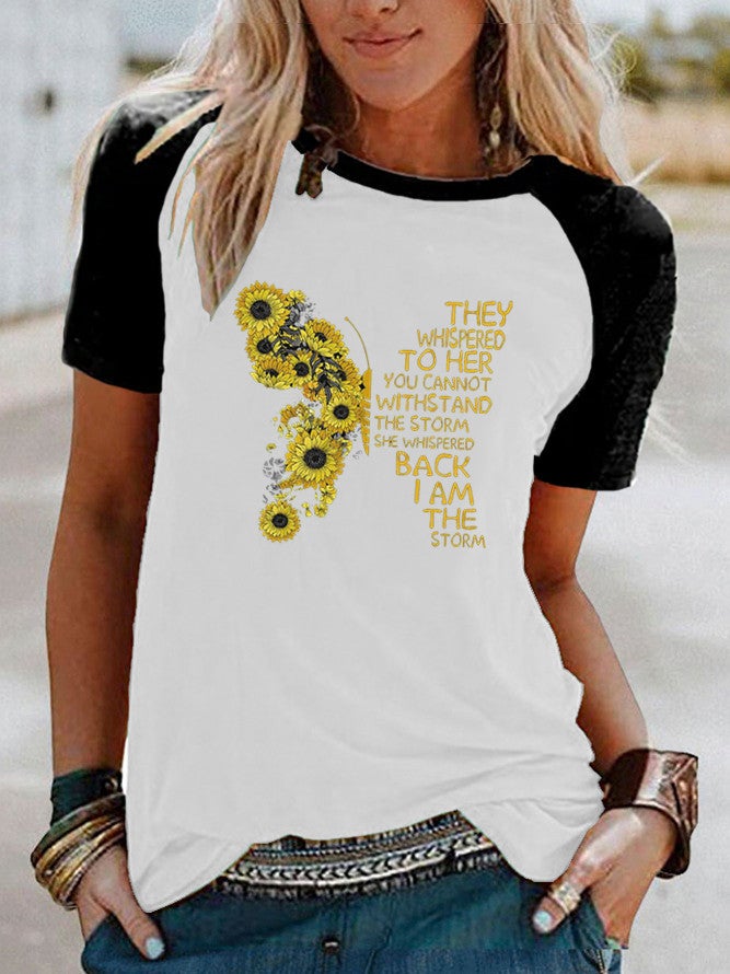 Wish Daisy Butterfly Pattern Printed Raglan Contrast Short Sleeve T-Shirt - Image 1