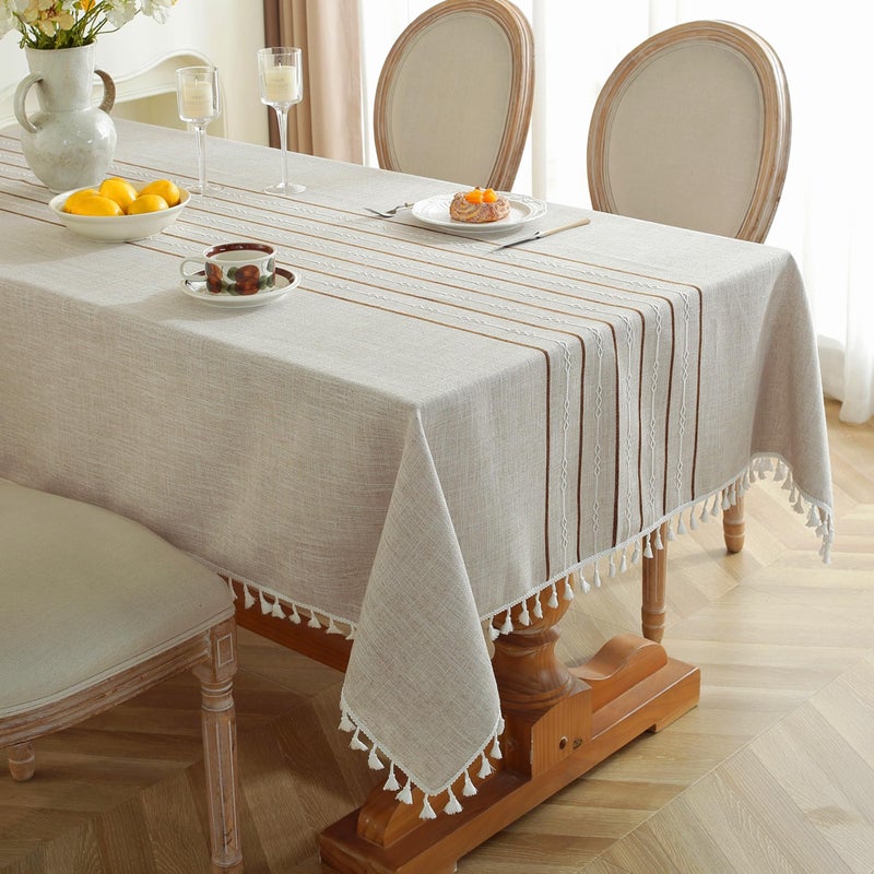 Jia le JIALE Tablecloths for Rectangle Tables, Cotton Linen Table Cloth Waterproof Tablecloth Wrinkle Free Farmhouse Dining Tables Cover, Soft Fabric Table Cloths with Tassels, Coffee, 55" X 70", 4-6 Seats - Image 1