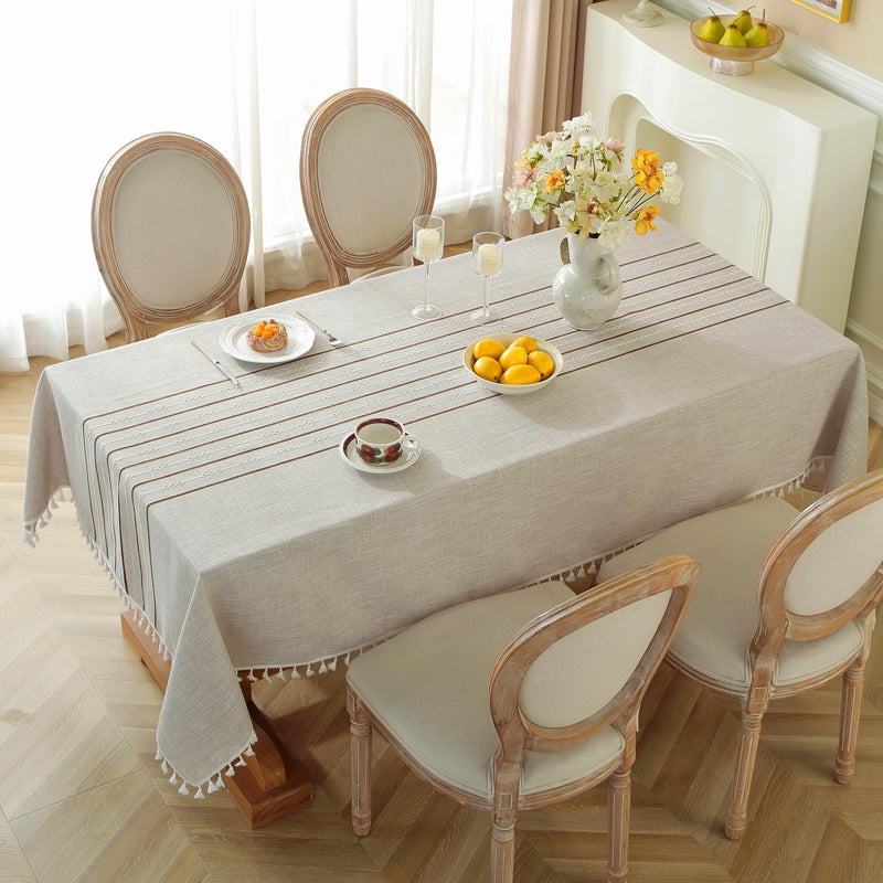 Jia le JIALE Tablecloths for Rectangle Tables, Cotton Linen Table Cloth Waterproof Tablecloth Wrinkle Free Farmhouse Dining Tables Cover, Soft Fabric Table Cloths with Tassels, Coffee, 55" X 70", 4-6 Seats - Image 2