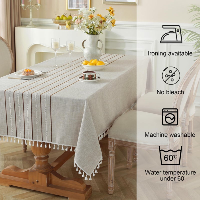 Jia le JIALE Tablecloths for Rectangle Tables, Cotton Linen Table Cloth Waterproof Tablecloth Wrinkle Free Farmhouse Dining Tables Cover, Soft Fabric Table Cloths with Tassels, Coffee, 55" X 70", 4-6 Seats - Image 4