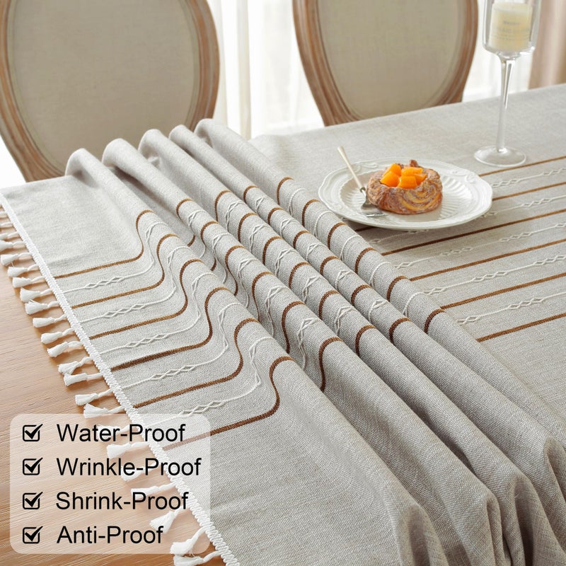 Jia le JIALE Tablecloths for Rectangle Tables, Cotton Linen Table Cloth Waterproof Tablecloth Wrinkle Free Farmhouse Dining Tables Cover, Soft Fabric Table Cloths with Tassels, Coffee, 55" X 70", 4-6 Seats - Image 5