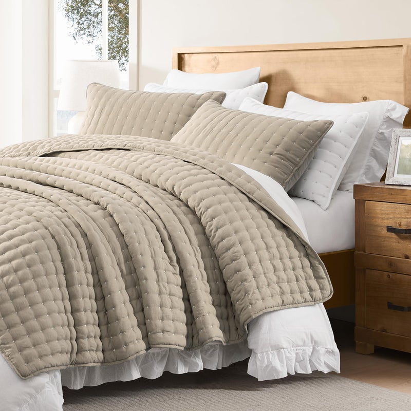 WDCOZY Beige Queen Size Quilt Bedding Sets with Pillow Shams, Cream Tan Lightweight Soft Bedspread Coverlet, Quilted Blanket Thin Comforter Bed Cover for All Season, 3 Pieces, 90x90 inches - Image 4