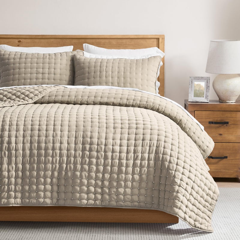 WDCOZY Beige Queen Size Quilt Bedding Sets with Pillow Shams, Cream Tan Lightweight Soft Bedspread Coverlet, Quilted Blanket Thin Comforter Bed Cover for All Season, 3 Pieces, 90x90 inches - Image 1