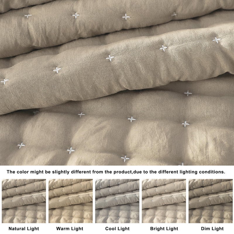 WDCOZY Beige Queen Size Quilt Bedding Sets with Pillow Shams, Cream Tan Lightweight Soft Bedspread Coverlet, Quilted Blanket Thin Comforter Bed Cover for All Season, 3 Pieces, 90x90 inches - Image 2