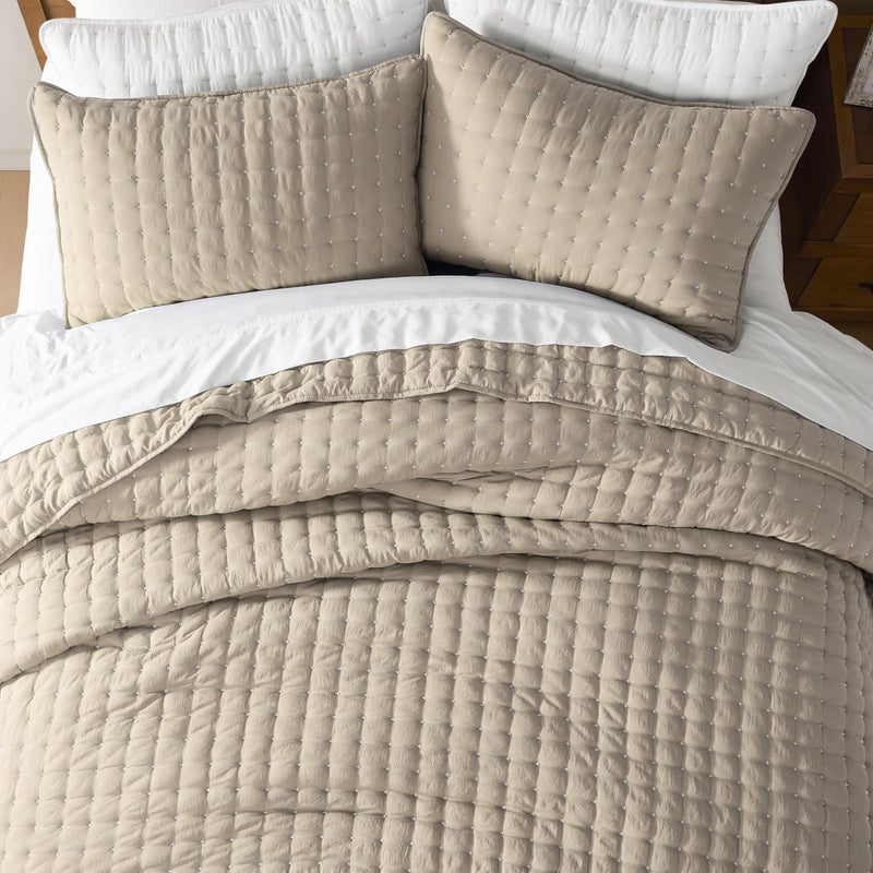 WDCOZY Beige Queen Size Quilt Bedding Sets with Pillow Shams, Cream Tan Lightweight Soft Bedspread Coverlet, Quilted Blanket Thin Comforter Bed Cover for All Season, 3 Pieces, 90x90 inches - Image 3