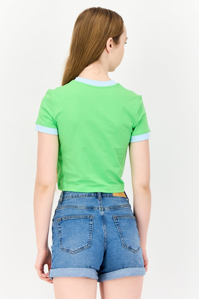 ESPRIT تي شيرت قصير الأكمام بقلنسوة للنساء بشعار العلامة التجارية، أخضر فاتح - Image 3