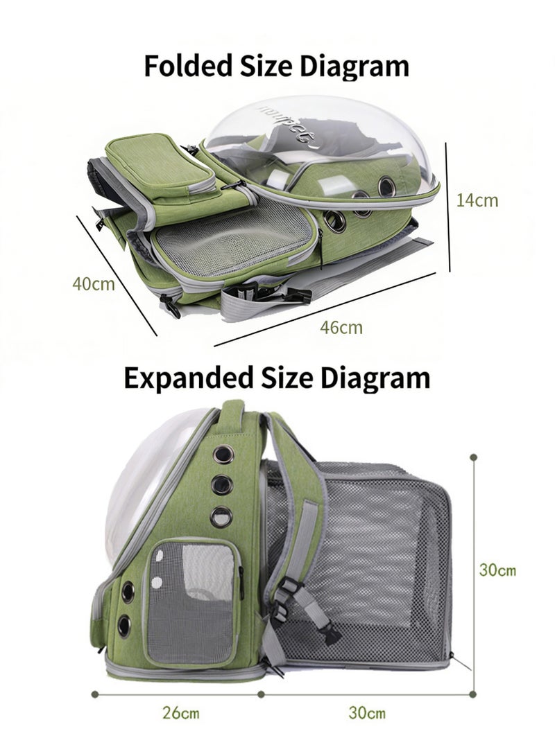 حقيبة ظهر أنيقة لحمل الحيوانات الأليفة مع مساحة إضافية، حقيبة قابلة للتوسيع ومسامية للقطط، حقيبة ظهر فقاعية للحيوانات الأليفة، حقيبة سفر للحيوانات الأليفة مع غطاء واسع، حقيبة ظهر شفافة ومقاومة للماء وقابلة للتوسيع للحيوانات الأليفة للسفر والمشي لمسافات طويلة والمشي في الهواء الطلق - خضراء قابلة للتوسيع - Image 2