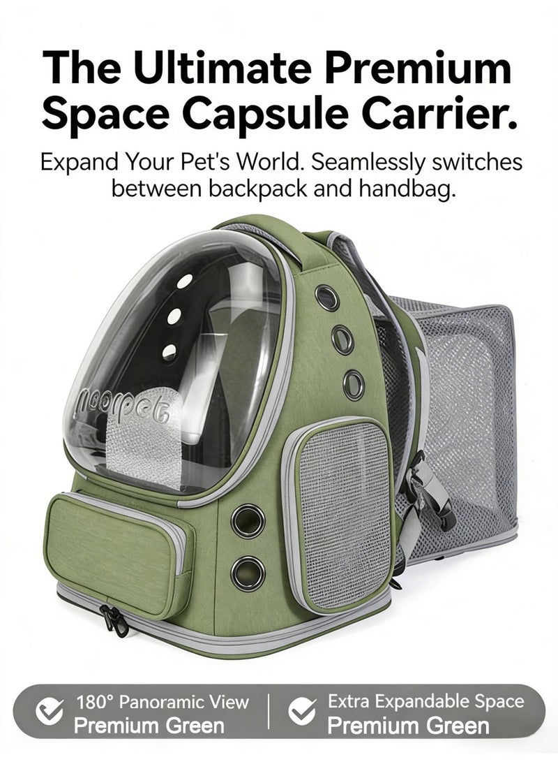 Stylish Pet Carrier Backpack with EXTRA SPACE, Breathable Cat Carrier Bag Expandable, Pet Bubble Backpack, Pet Travel Bag with Space Cover, Transparent Waterproof Portable Pet Space Capsule Backpack for Travel, Hiking, Walking and Outdoor-Green Expandable - Image 2