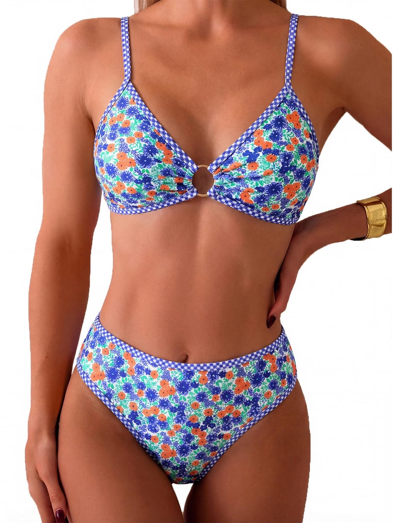 Tainehs Women's Two Piece Bikini Sets O Ring Front Top Ditsy Floral Triangle Swimsuits Cheeky Bathing Suit - Image 1
