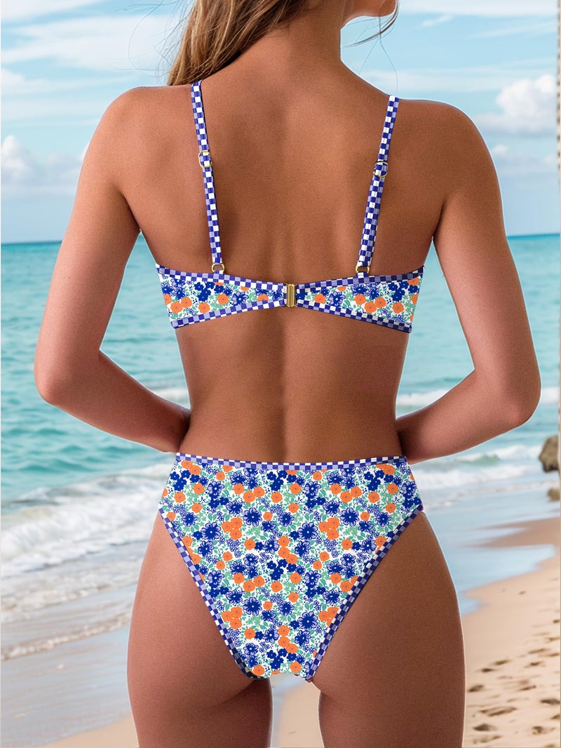 Tainehs Women's Two Piece Bikini Sets O Ring Front Top Ditsy Floral Triangle Swimsuits Cheeky Bathing Suit - Image 3