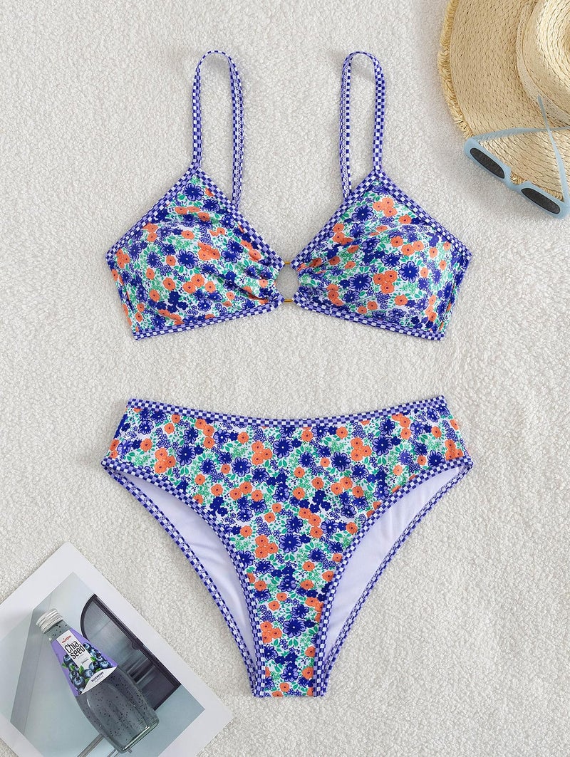 Tainehs Women's Two Piece Bikini Sets O Ring Front Top Ditsy Floral Triangle Swimsuits Cheeky Bathing Suit - Image 4