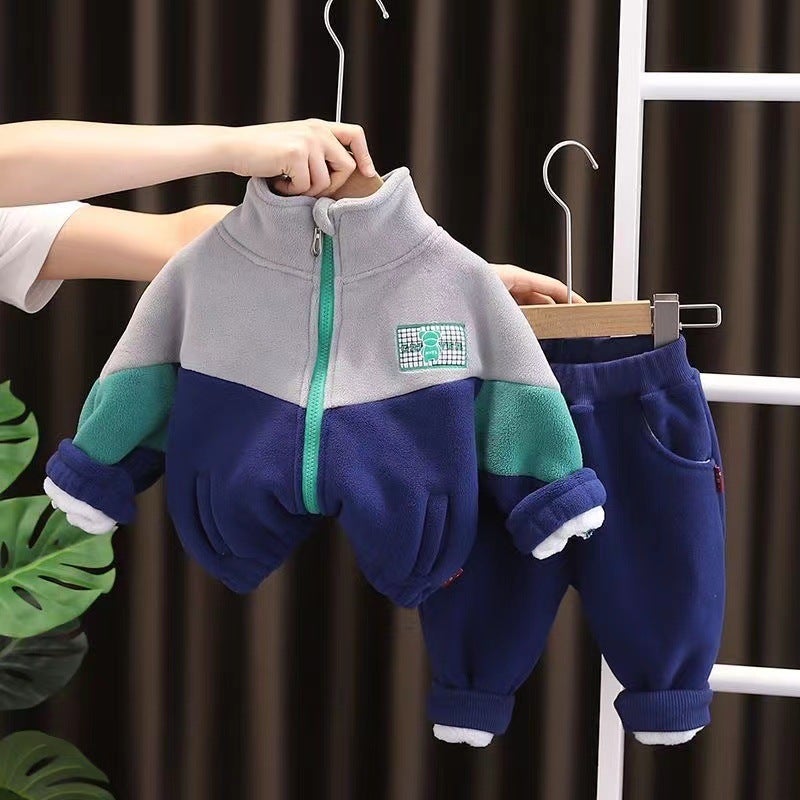 Generic New fleece-lined thickened boys and girls baby stitching Olympic fleece winter two-piece suit fashion cool children winter suit Blue