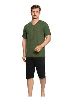 Ayans Turkish Cotton T-Shirt and Shorts Pyjama Set Homewear Olive/Black 