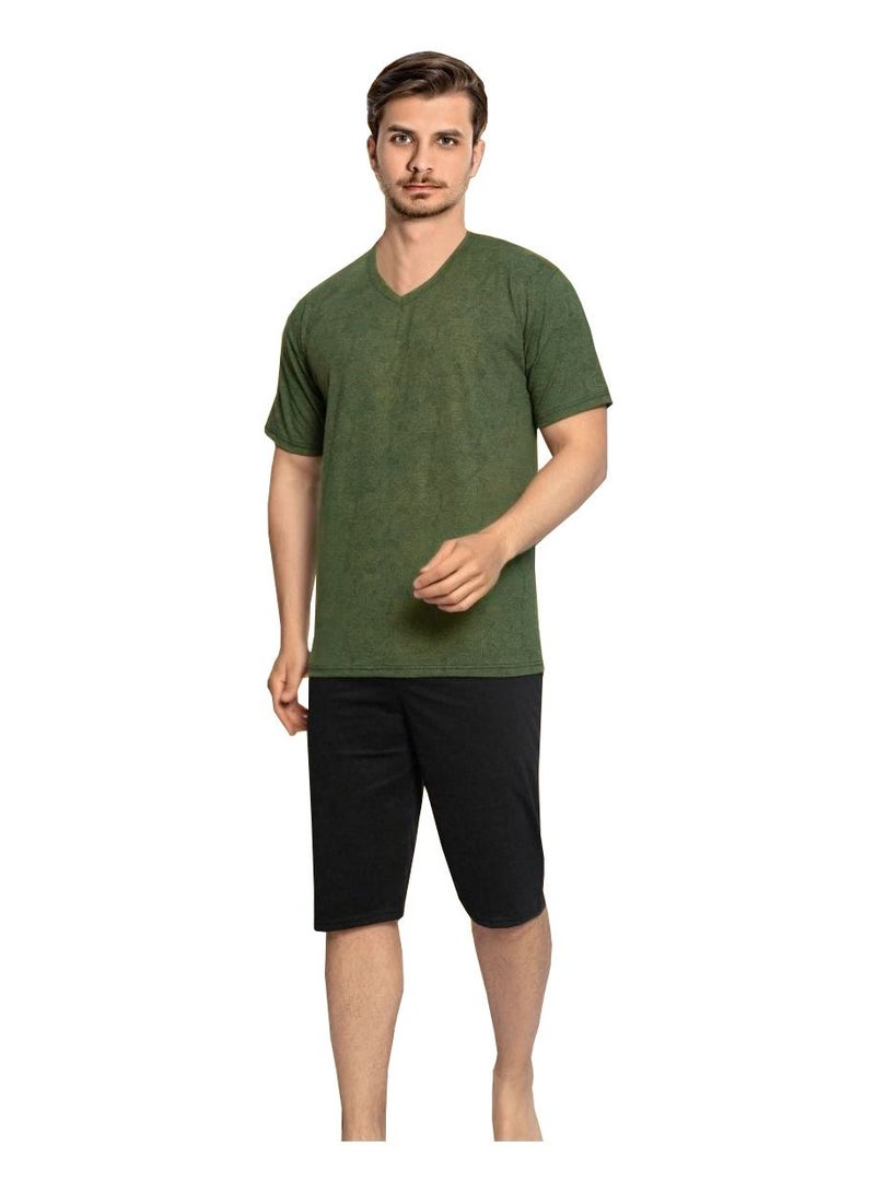 Turkish Cotton T-Shirt and Shorts Pyjama Set Homewear Olive/Black