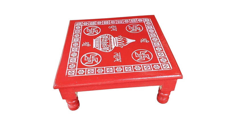 Epraiser Size 18x18 inches Fine Quality Wooden Shubh Laabh Painted Multi Use Handcrafted Self Design Pooja TableBajotPatla Wooden All Purpose Chowki - Image 1