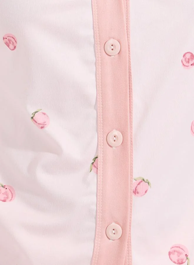 Styli AOP Peach Collarless Contrast Edge Shirt & Pyjama Set