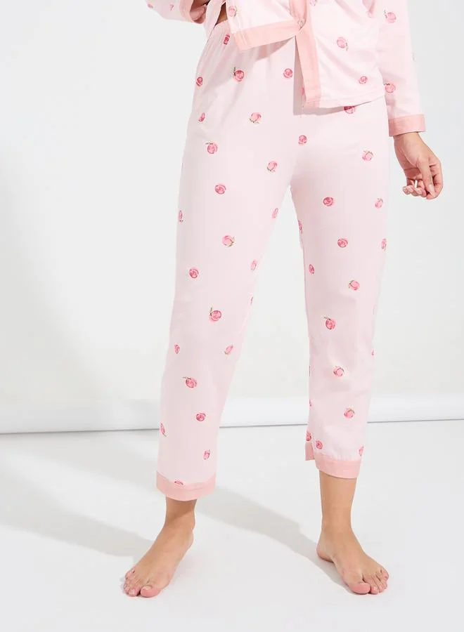 Styli AOP Peach Collarless Contrast Edge Shirt & Pyjama Set