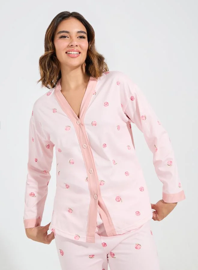 Styli AOP Peach Collarless Contrast Edge Shirt & Pyjama Set