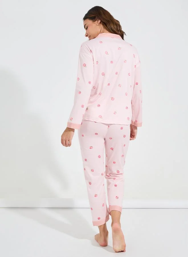 Styli AOP Peach Collarless Contrast Edge Shirt & Pyjama Set
