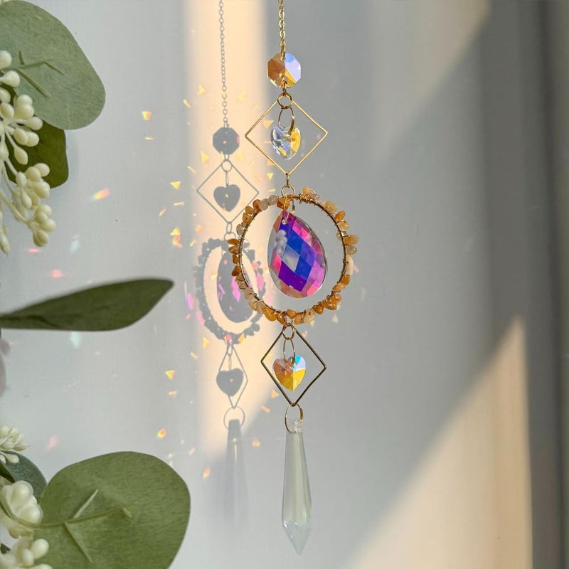 HOSTEESSCHOICE Crystal Suncatchers Window Hanging Wind Chime Pendant Ornament with Rough Stones Amethyst,for Home, Garden Tree Plants, and Meditation Decor (Yellow) - Image 1