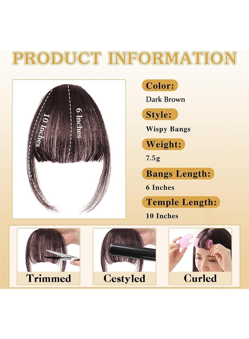 Clip in Bangs for Women, Real Human Hair Air Bangs with Side Temples, Natural Soft Curved Bangs Hairpiece, Wispy Clip on Fringe Extensions for Daily Wear (Dark Brown)2pcs - Image 2