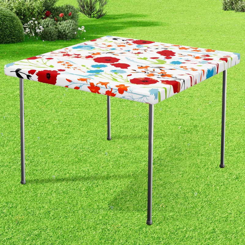 misaya Square Vinyl Tablecloth, Fitted Table Cover, 100% Waterproof, Elastic Edge, Flannel Backing, Plastic Tablecloth Fit Folding Tables for Picnic, Camping, Outdoor (Flowers, 32x32 inch) - Image 1