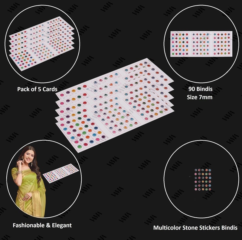 VAMA Fashions Forehead Rhinestone Stick Bindi Patta kumkum Stone Sticker Bindis Card Set for Women Girls 5 Cards Multicolour Stone Sticker - Image 3