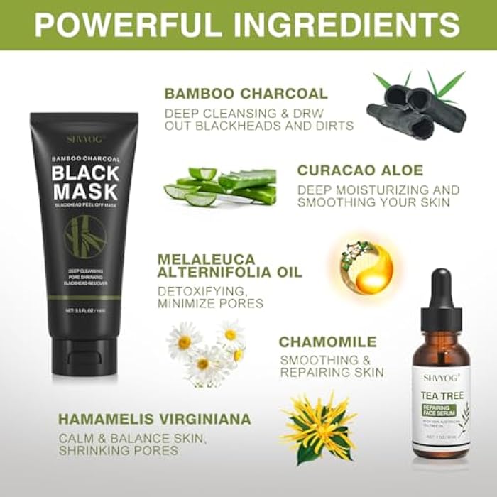 SHVYOG Blackhead Peel Off Face Mask, 3-in-1 Blackhead Remover Mask with Brush & Tea Tree Oil Serum, Charcoal Mask for Deep Cleansing Dirts, Pores, Skin Oil (100g+30ml) - Image 2