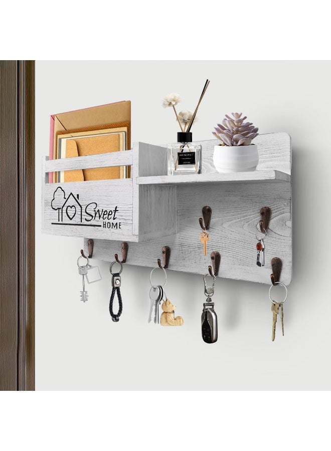 Gocokia Key Hanger Organizer, Mail and Key Holder for Wall Decorative, Wall Shelf with 7 Key Hooks, Wall Mounted Key Hangers with Mailbox, Home Decor (White) - Image 1