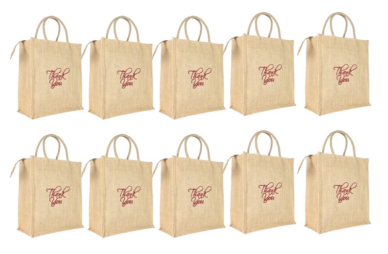 Soman Jute Ecofriendly Return Gift Bags Thank You Printed with Zip Natural Pack of 10 Bags - Image 1