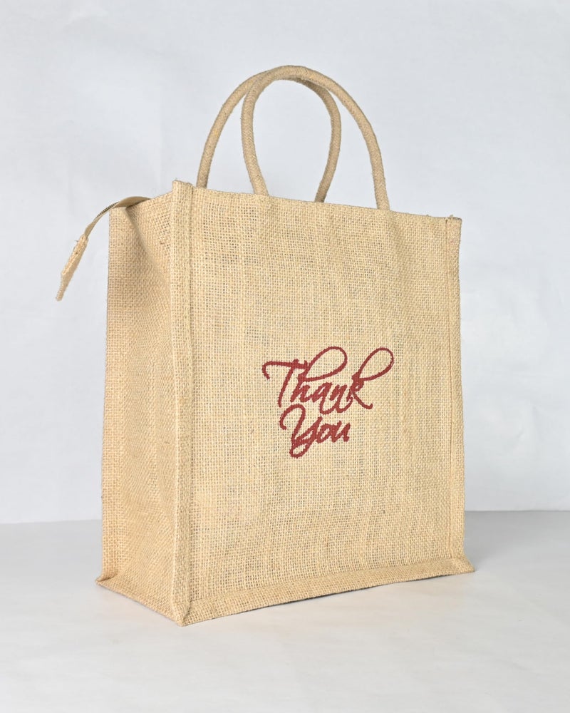 Soman Jute Ecofriendly Return Gift Bags Thank You Printed with Zip Natural Pack of 10 Bags - Image 2