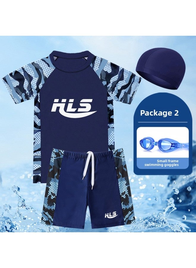 إسكدنيا شورت سباحة للأطفال، شورت سباحة للأولاد سريع الجفاف، للمراهقين على الشاطئ، شورت سباحة احترافي للتدريب على الأطفال المتوسطة والكبيرة - اللون: 906 رمادي مموه + نظارات سباحة (مع قبعة سباحة) - - Image 1
