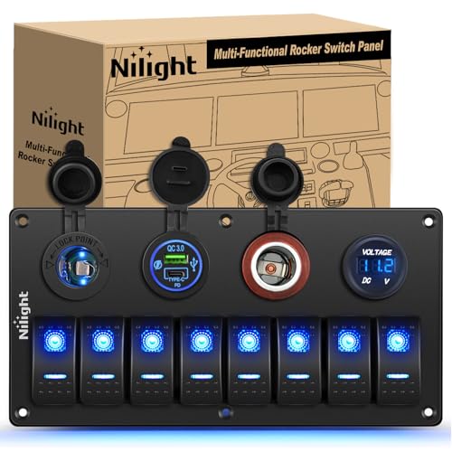 Nilight 8 Gang Rocker Switch Panel Waterproof Aluminum Marine with PD Type C USB Charger Cigarette Lighter Socket Voltmeter Inline Fuse 12V 24V ON Off PreWired Switches for Car Truck Boat - Image 1