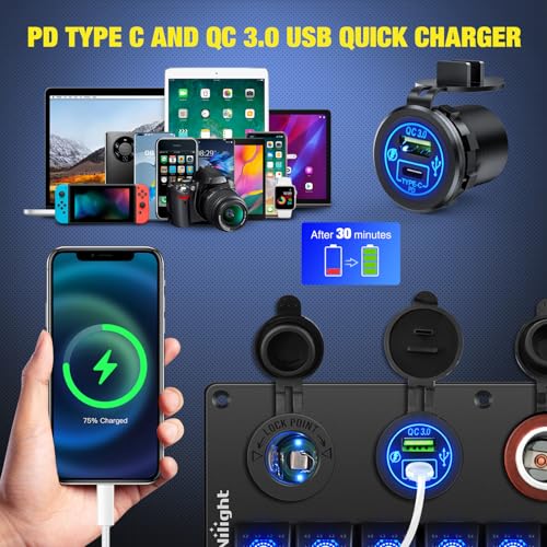 Nilight 8 Gang Rocker Switch Panel Waterproof Aluminum Marine with PD Type C USB Charger Cigarette Lighter Socket Voltmeter Inline Fuse 12V 24V ON Off PreWired Switches for Car Truck Boat - Image 3