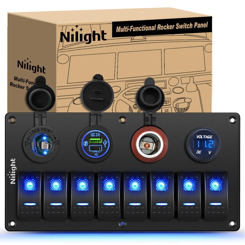 Nilight 8 Gang Rocker Switch Panel Waterproof Aluminum Marine with PD Type C USB Charger Cigarette Lighter Socket Voltmeter Inline Fuse 12V 24V ON Off PreWired Switches for Car Truck Boat - Image 2