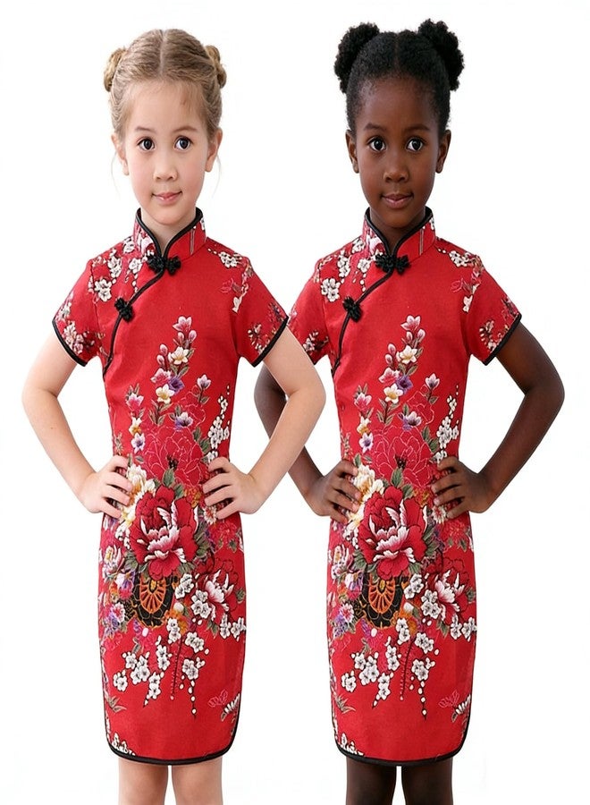 SZCQ Foral Baby Girls Dress New Year Qipao Vintage Chinese Cheongsam Princess Costume (Hot Red, 10) - Image 1