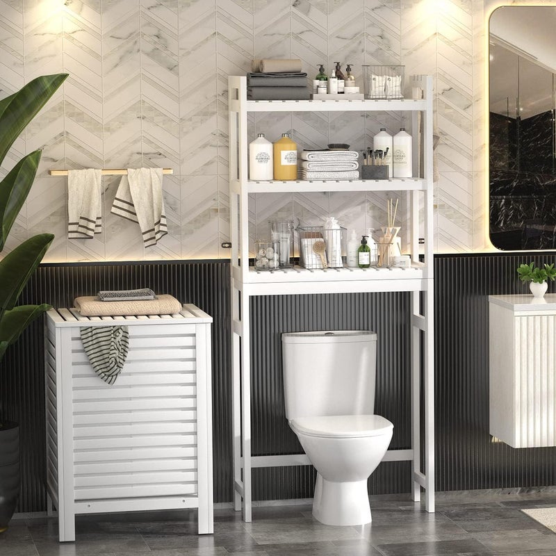 Homykic Over The Toilet Storage, Bamboo Over Toilet Bathroom Organizer Rack, Freestanding Bathroom Shelves Above Toilet Storage with 3 Hooks, Bathroom Space Saver, No Rust, Easy to Assemble, White - Image 3