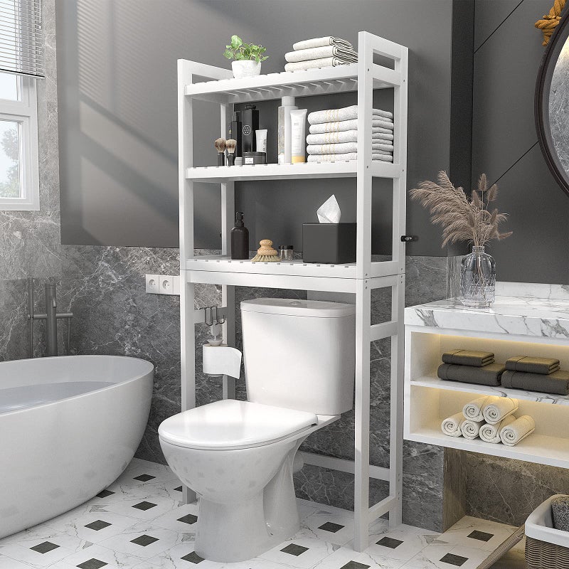 Homykic Over The Toilet Storage, Bamboo Over Toilet Bathroom Organizer Rack, Freestanding Bathroom Shelves Above Toilet Storage with 3 Hooks, Bathroom Space Saver, No Rust, Easy to Assemble, White - Image 2