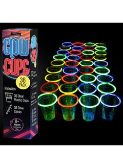IMPRESA [36 Pack] Glow Cups With Multi Color Neon Glow Sticks For Parties Clear Plastic Glowing Party Cups Glow In The Dark Party Supplies Glow In The Dark Party Favors Glow In The Dark Cups 16 Oz  - Image 1