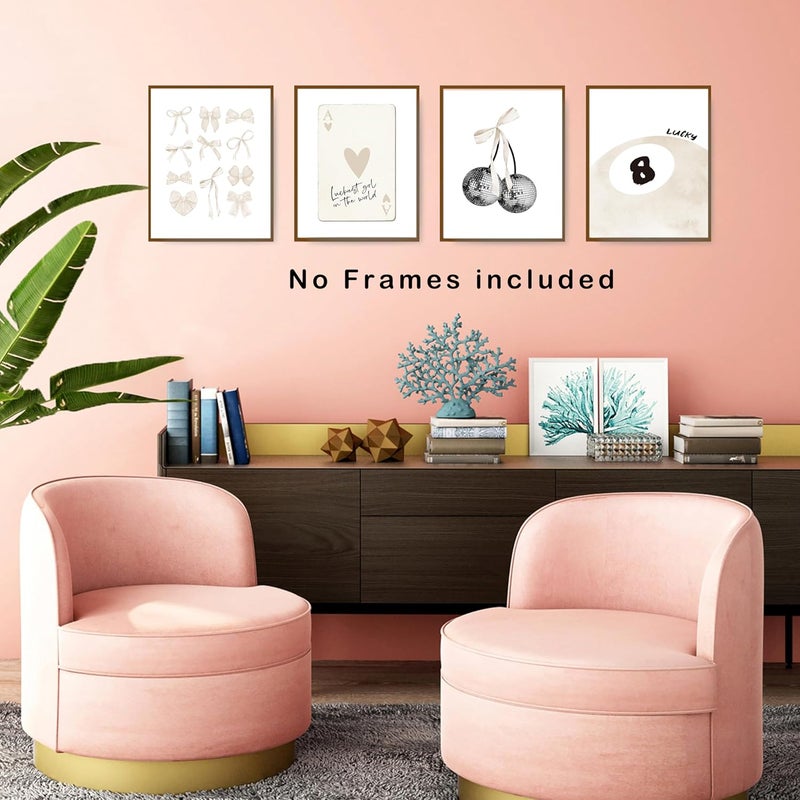 okaxscm Beige Coquette Trendy Preppy Wall Art Prints Set of 4, Room Decor Aesthetic, Bow Disco Ball Cherry Posters for Girls Bedroom Dorm, 8x10 Unframed - Image 5