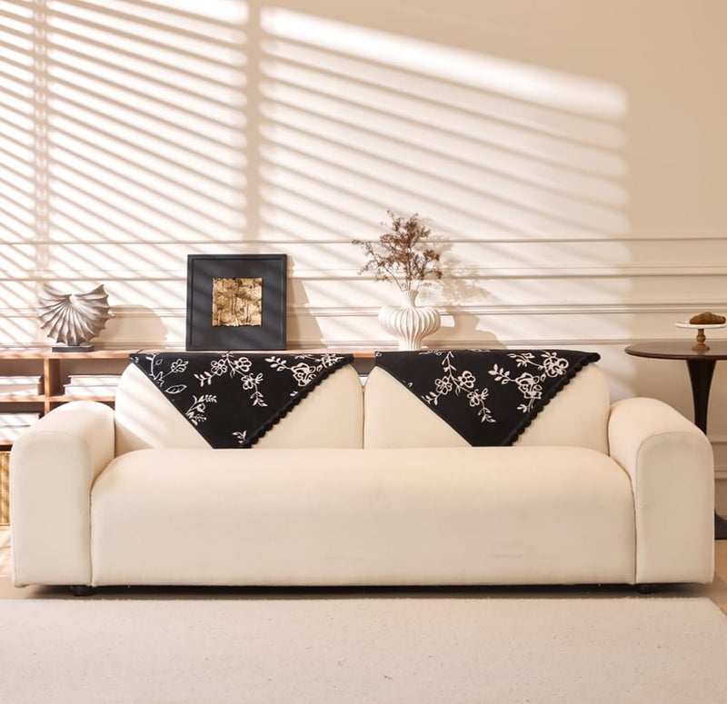 House of Quirk Modern Style Sofa Cover with Fur Ball Chenille Couch Covers for L Shape and 1/2/3/4 Seater Sofa Non Slip Sofa Slipcover Furniture Protector (2 Pcs Armrest, 50x70cm, White Floral) - Image 1