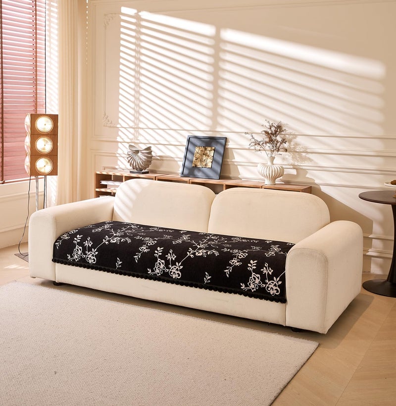 House of Quirk Modern Style Sofa Cover with Fur Ball Chenille Couch Covers for L Shape and 1/2/3/4 Seater Sofa Non Slip Sofa Slipcover Furniture Protector (2 Pcs Armrest, 50x70cm, White Floral) - Image 3