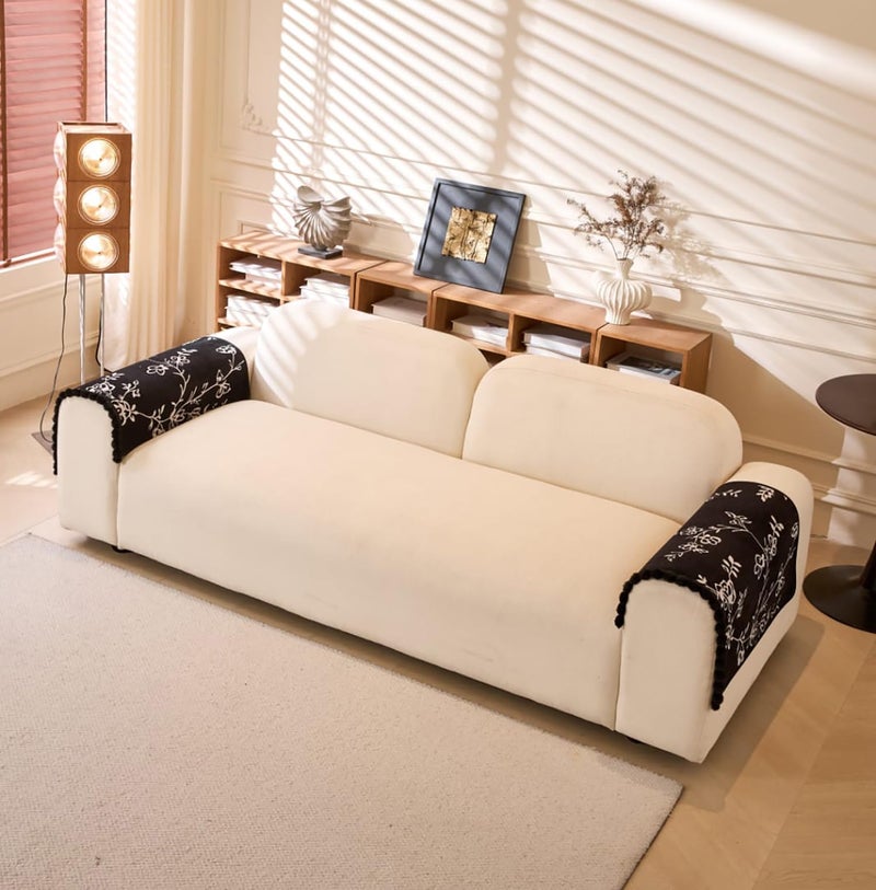 House of Quirk Modern Style Sofa Cover with Fur Ball Chenille Couch Covers for L Shape and 1/2/3/4 Seater Sofa Non Slip Sofa Slipcover Furniture Protector (2 Pcs Armrest, 50x70cm, White Floral) - Image 2