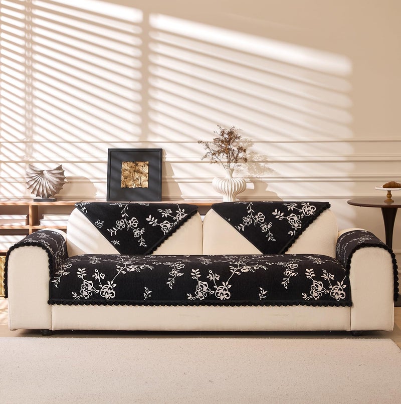 House of Quirk Modern Style Sofa Cover with Fur Ball Chenille Couch Covers for L Shape and 1/2/3/4 Seater Sofa Non Slip Sofa Slipcover Furniture Protector (2 Pcs Armrest, 50x70cm, White Floral) - Image 5