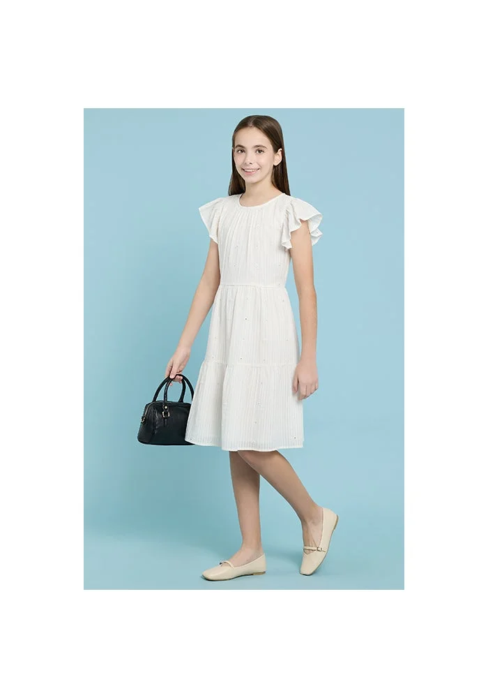 أر أند بي Textured Tiered Dress with Crew Neck and Flutter Sleeves