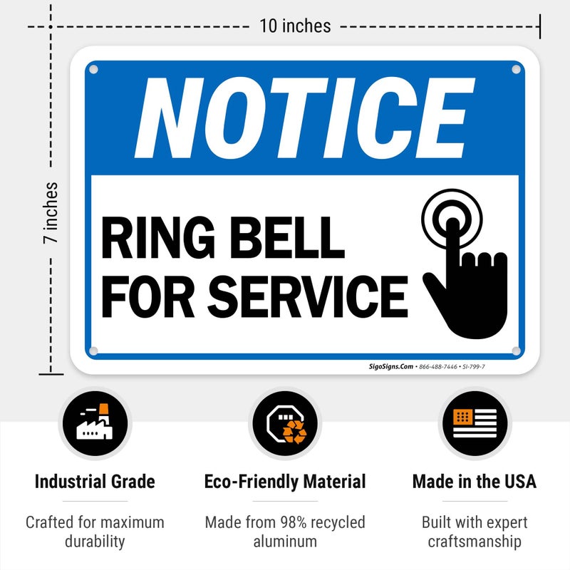Sigo Signs Ring Bell for Service Sign, 10x7 Inches, Rust Free .040 Aluminum, Fade Resistant, Made in USA - Image 3