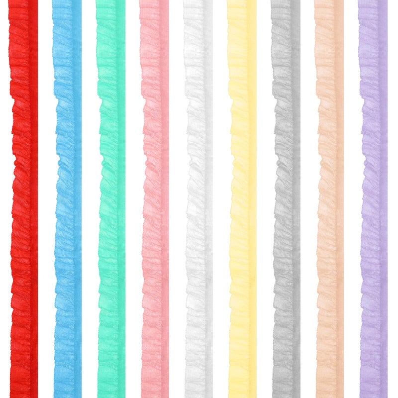 ADLABLD 9Pcs Elastic Ruffle Ribbon Lace Trim, Stretch Ruffle Pleated Trim for Sewing Assortment Organza Lace, 39.4 * 0.6in Wide Narrow Ruffles Edge Laces Ribbon for Clothes Decoration Sewing Craft Supply - Image 1
