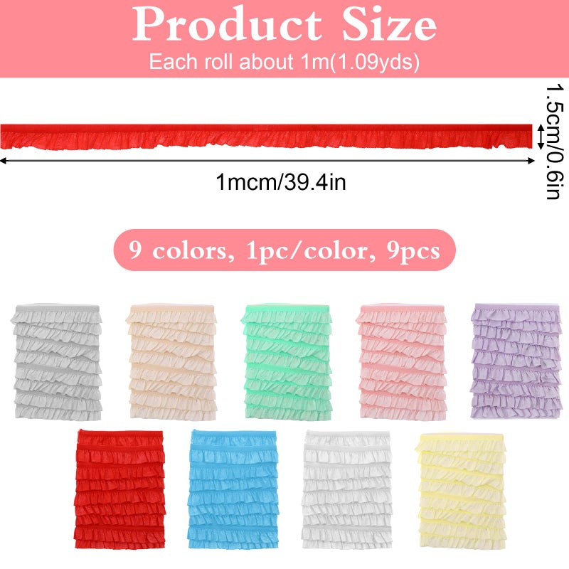ADLABLD 9Pcs Elastic Ruffle Ribbon Lace Trim, Stretch Ruffle Pleated Trim for Sewing Assortment Organza Lace, 39.4 * 0.6in Wide Narrow Ruffles Edge Laces Ribbon for Clothes Decoration Sewing Craft Supply - Image 2