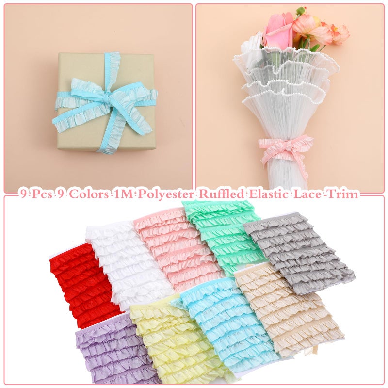 ADLABLD 9Pcs Elastic Ruffle Ribbon Lace Trim, Stretch Ruffle Pleated Trim for Sewing Assortment Organza Lace, 39.4 * 0.6in Wide Narrow Ruffles Edge Laces Ribbon for Clothes Decoration Sewing Craft Supply - Image 4